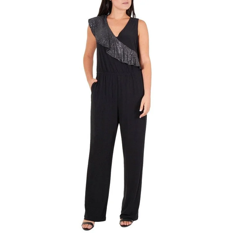 women's jumpsuits with V-necksNY Collection Women's Petite Sleeveless Glitter Jumpsuit Black Size Medium