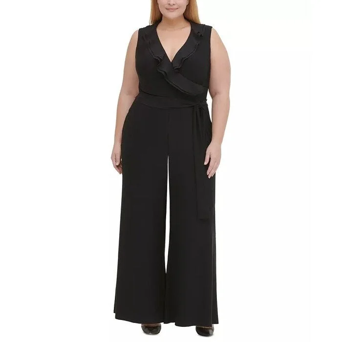 women's jumpsuits for yogaTommy Hilfiger Women's Ruffled Jersey Jumpsuit Black Size 22W