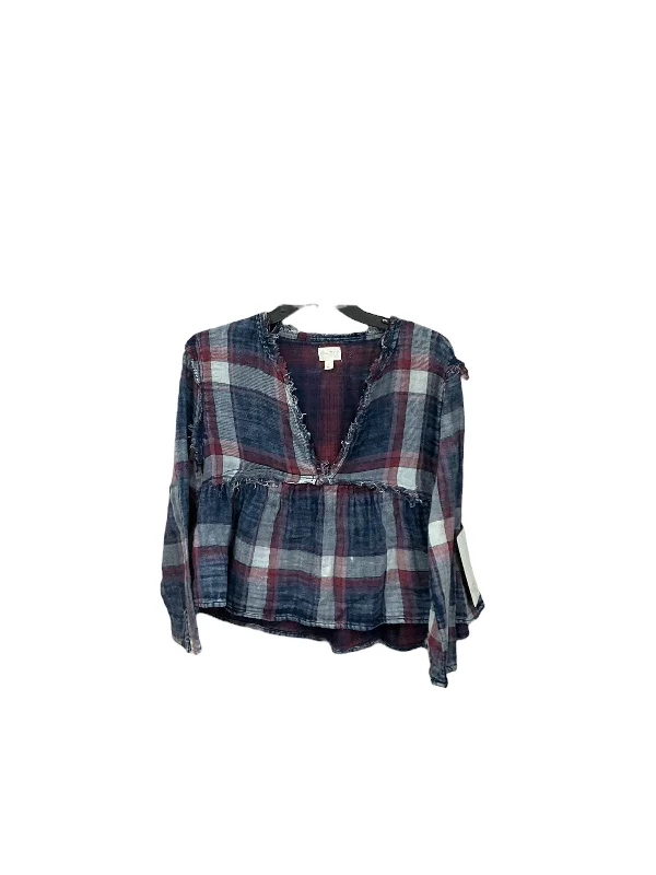 women's long sleeve tops made of cottonTop Long Sleeve By Love Fire In Plaid Pattern, Size: S