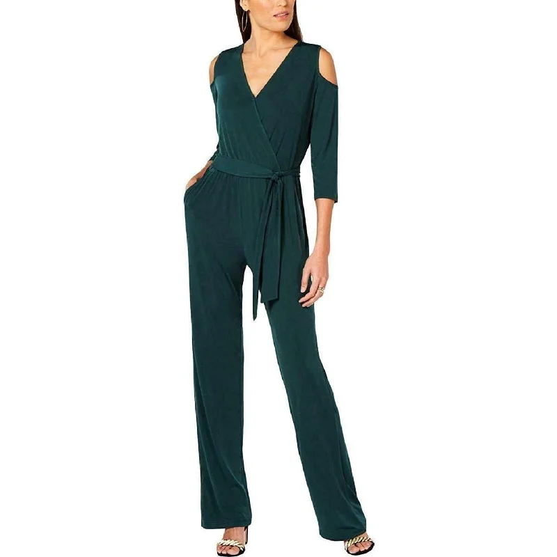 women's jumpsuits for beach outingsNY Collection Women's Petite Surplice Cold-Shoulder Jumpsuit Green Size Large