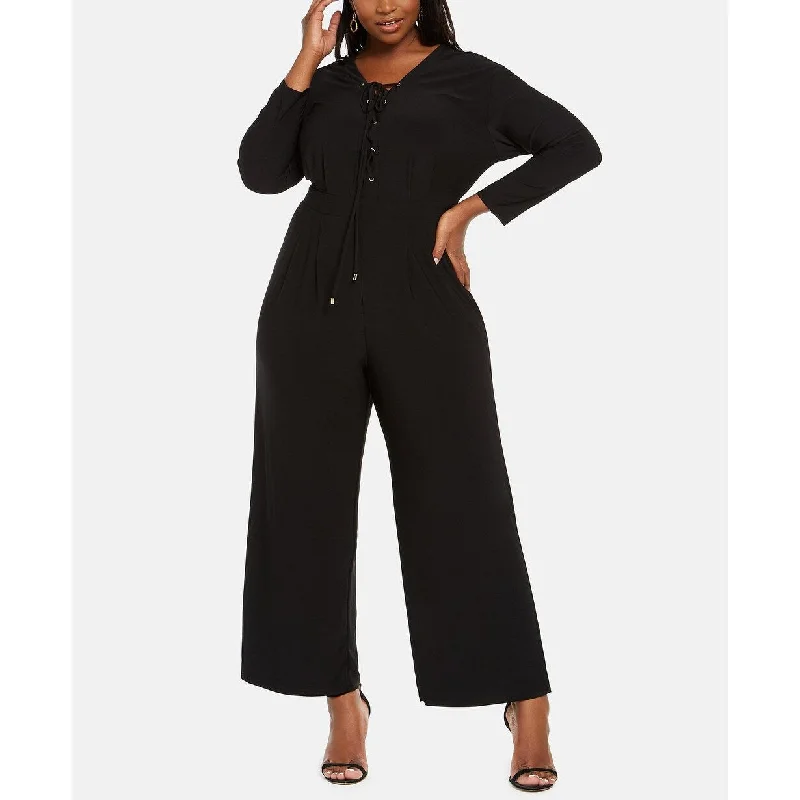 women's jumpsuits with Peter Pan collarsLove Squared Women's Plus SizeTrendy Lace-Up Jumpsuit Black Size 1X