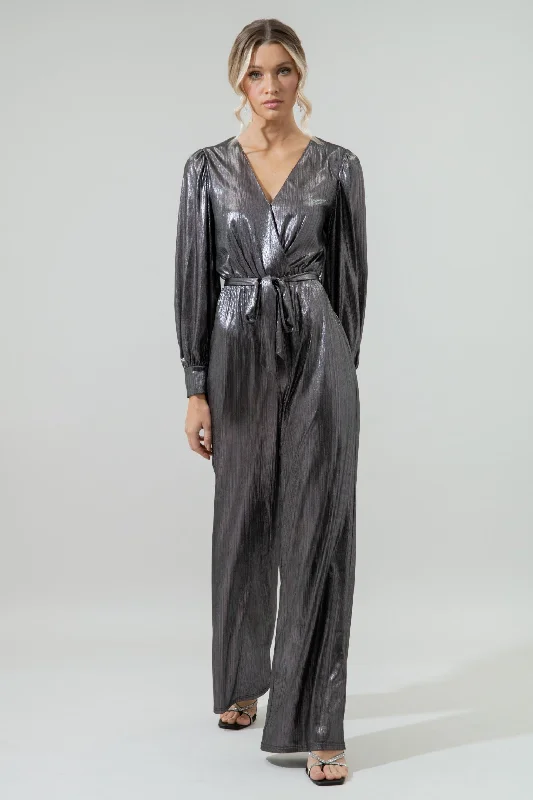 women's jumpsuits for all-day comfortPewter Metallic Rib Lurex Balloon Sleeve Jumpsuit