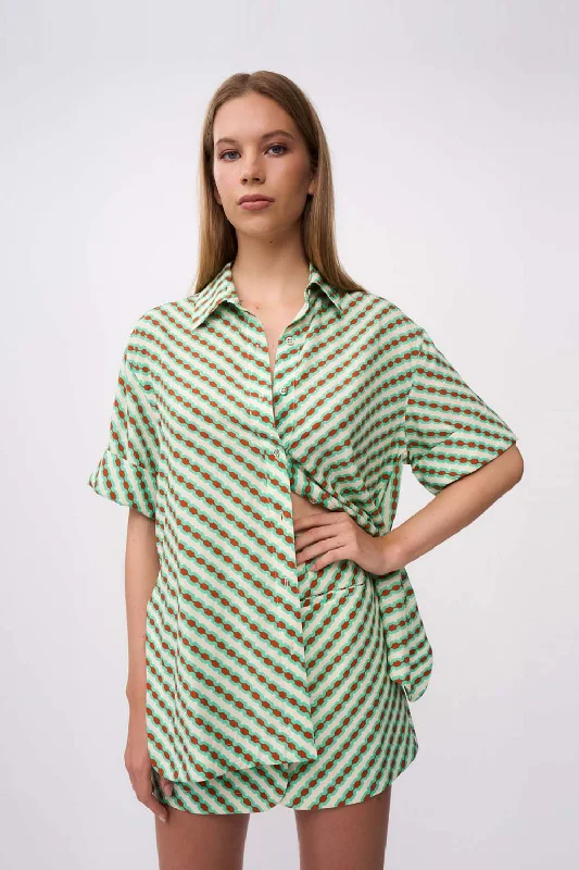 women's denim midi skirtsGeo Stripe Shirt - Green Brown Multi