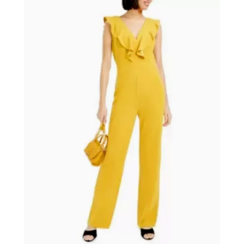 women's jumpsuits made of denimBar III Women's Ruffled Jumpsuit Gold Size 2