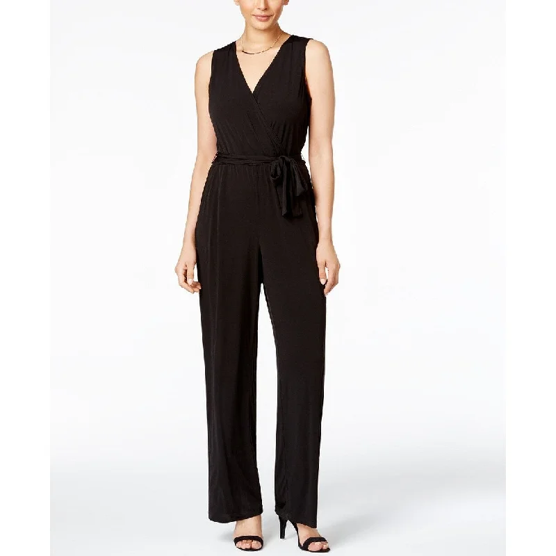 women's jumpsuits with long sleevesNY Collection Women's Petite Surplice Belted Wide-Leg Jumpsuit Size Extra Large - Black - X-Large