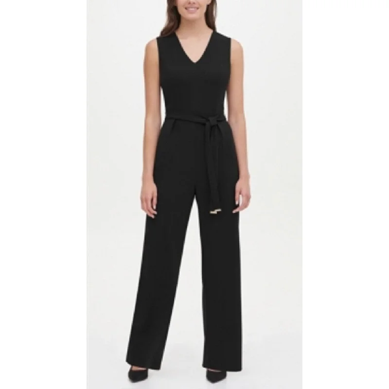 women's jumpsuits for springTommy Hilfiger Women's Belted V-Neck Jumpsuit Black Size 6