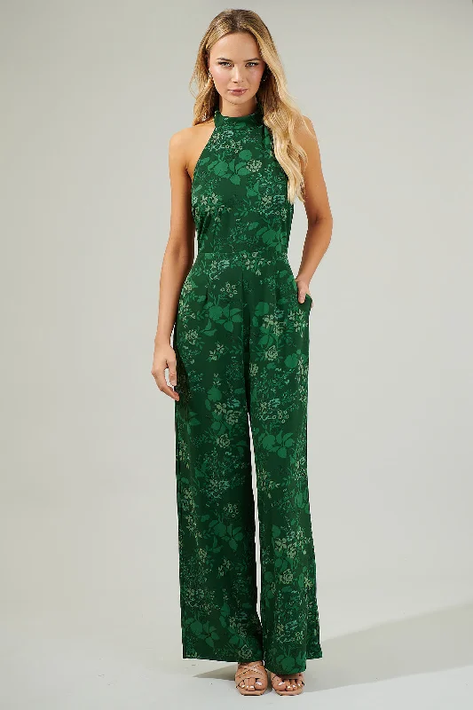 women's jumpsuits with zippersWoodland Floral After Hours Backless Halter Jumpsuit