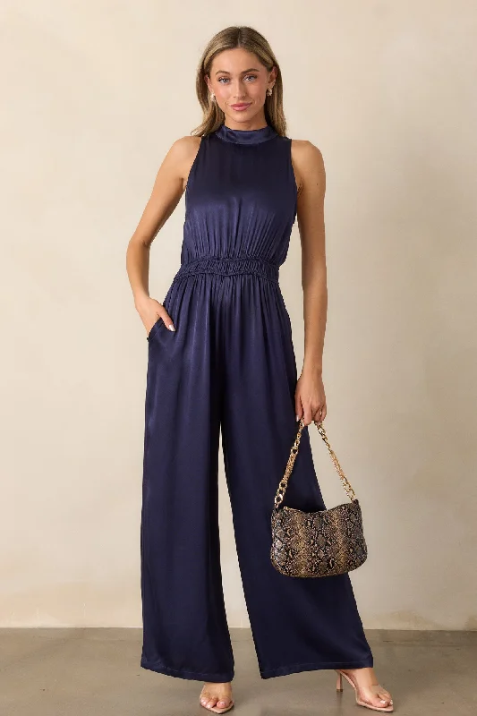 women's dressy jumpsuitsMINKPINK Lumina Midnight Blue High Neck Jumpsuit