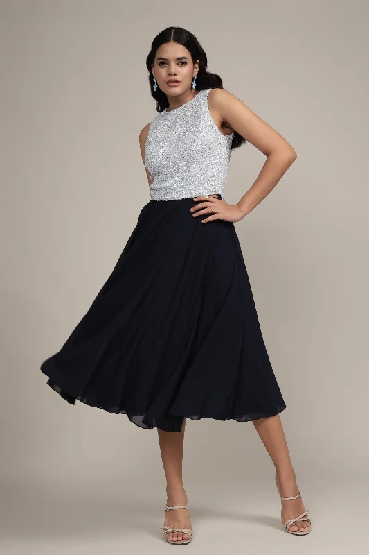 women's travel-friendly cocktail skirtsSkye Midi Skirt in Navy