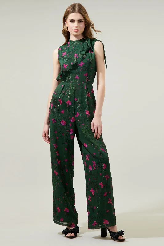 women's jumpsuits with flutter sleevesJuniper Floral Daring Demi Neck Tie Jumpsuit