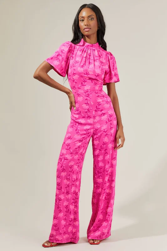 women's jumpsuits with pocketsClever Floral Mock Neck Wide Leg Jumpsuit