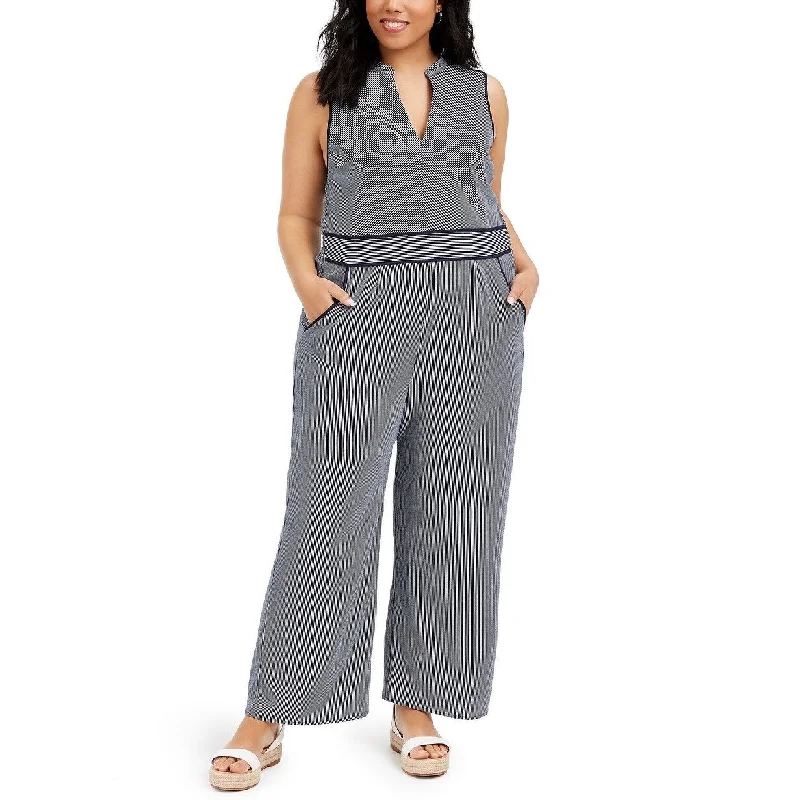 women's jumpsuits with halter necksMonteau Women's Trendy Plus Size Striped Keyhole Jumpsuit Navy Size 2X