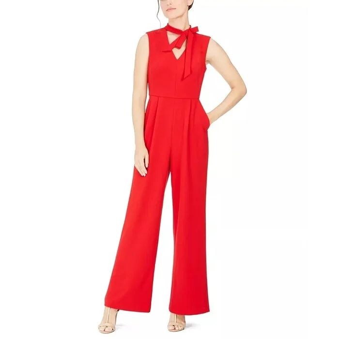 women's fitted jumpsuitsCalvin Klein Women's Tie-Neck Jumpsuit Medium Red Size 10 Petite - 10 Petite