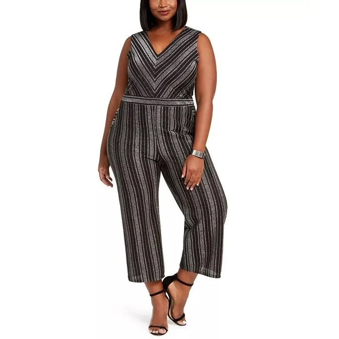 women's retro jumpsuitsMonteau Women's Trendy Plus Glitter Stripe Jumpsuit Black Size 2X