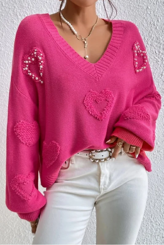 women's stylish topsRose Red Pearl Embellished Fuzzy Hearts V Neck Sweater