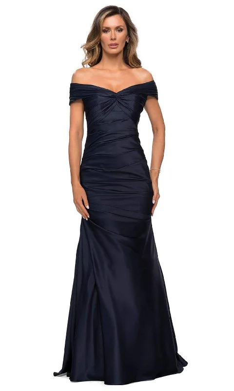 women's ruffle dressesLa Femme - Off Shoulder Pleated Bodice Evening Dress 28047SC