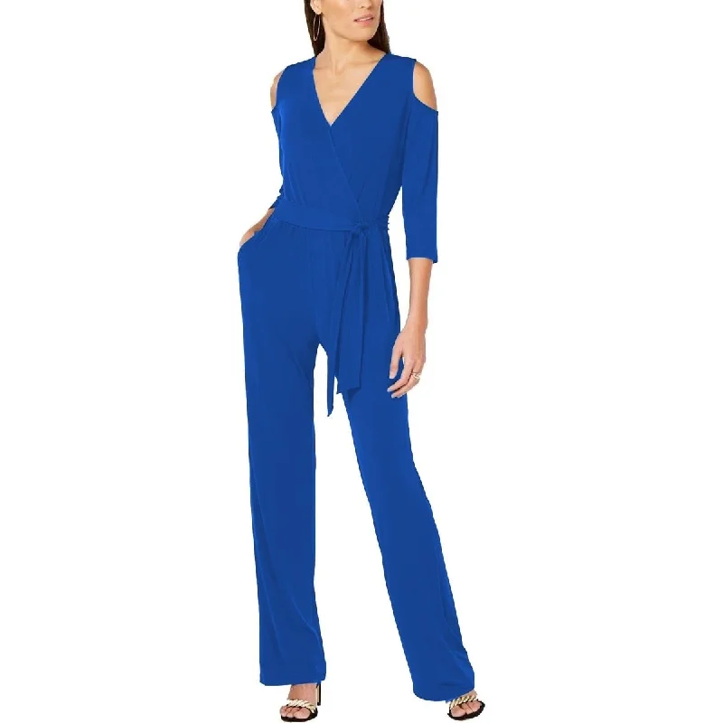 women's jumpsuits with solid colorsNY Collection Women's Petite 3/4 Sleeve Cold Shoulder Jumpsuit Blue Size Medium