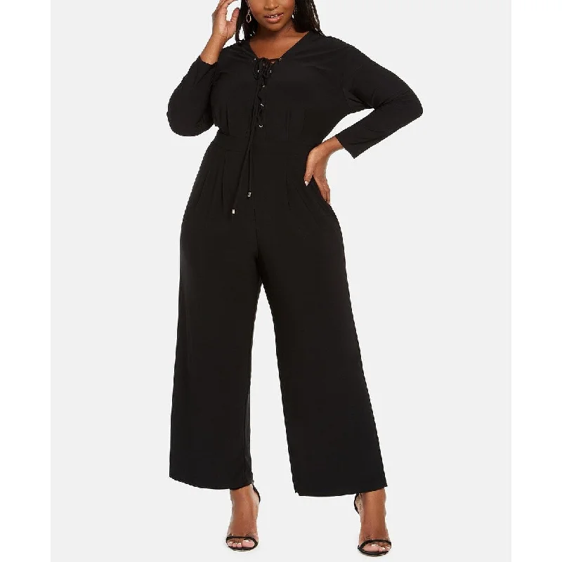 women's jumpsuits with buttonsLove Squared Women's Trendy Plus Size Lace-Up Jumpsuit Black Size 2X