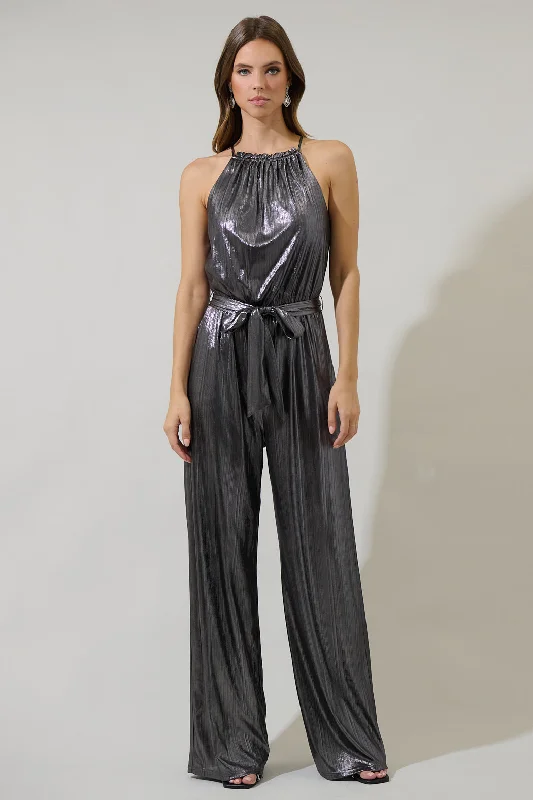 women's jumpsuits for gym sessionsMidnight Strikes Metallic Lighthearted Trapeze Jumpsuit