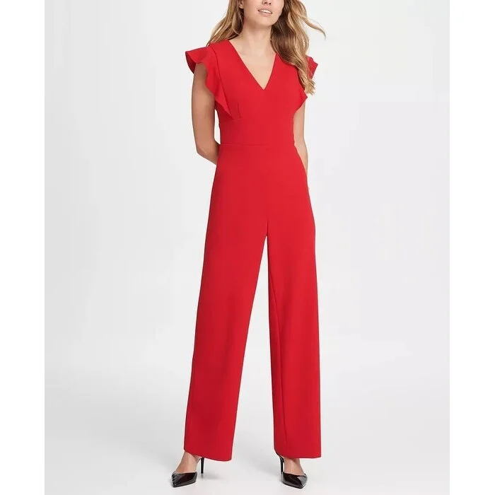 women's jumpsuits with bow tiesDKNY Women's Ruffle Detail Jumpsuit Medium Red Size 8