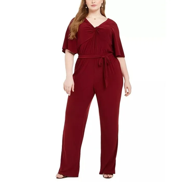 women's jumpsuits for apple-shaped bodiesNY Collection Women's Plus Twist Neck Jumpsuit Wine Size 1X