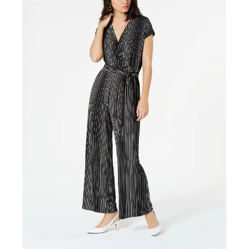 women's elegant jumpsuitsAlfani Women's Stripe Wrap Belted Jumpsuit Black Size Medium