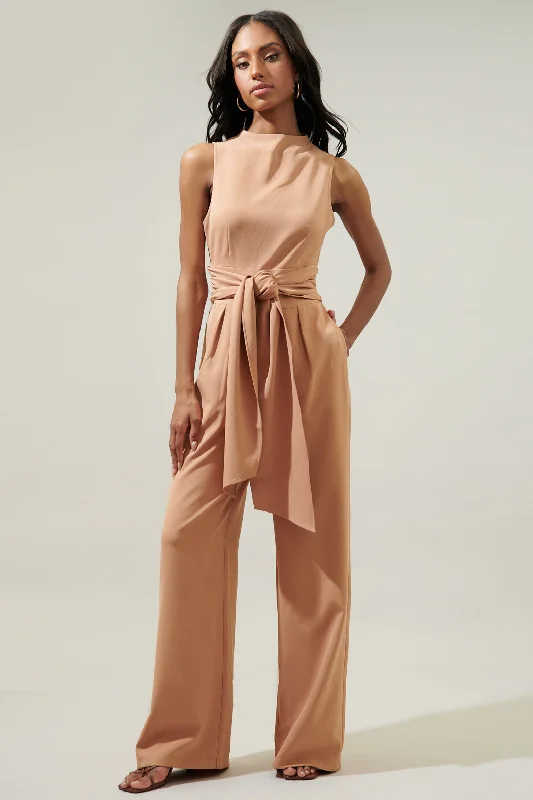 women's jumpsuits with bell sleevesOver It Mock Neck Knotted Jumpsuit