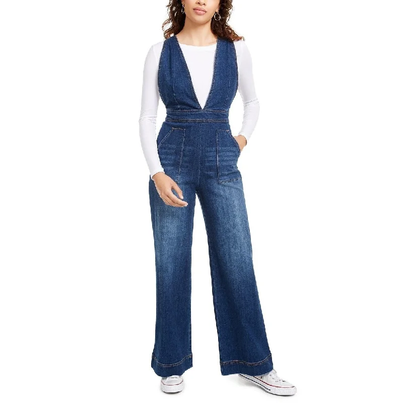 women's cozy jumpsuitsDollhouse Women's Juniors' Sleeveless V-Neck Denim Jumpsuit Blue Size 7