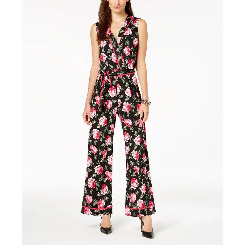 women's jumpsuits with neon colorsMonteau Women's Petite Floral-Print Belted Jumpsuit Black Size Extra Large - X-Large