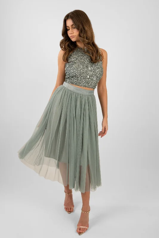 women's lace skirtsCleo Teal Tulle Midi Skirt