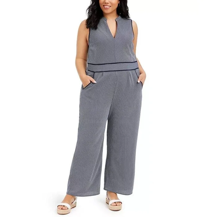 women's jumpsuits for affordable luxuryMonteau Women's Trendy Plus Size Striped Keyhole Jumpsuit Navy Size 1X