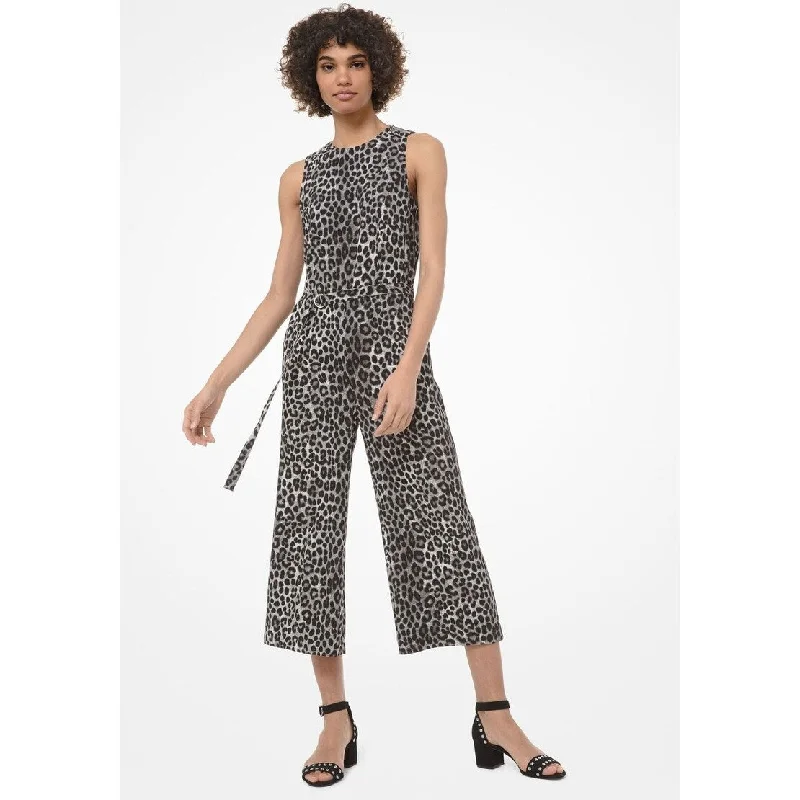 women's jumpsuits for fair-trade practicesMichael Kors Women's Cropped Belted Animal-Print Jumpsuit Grey Size 4