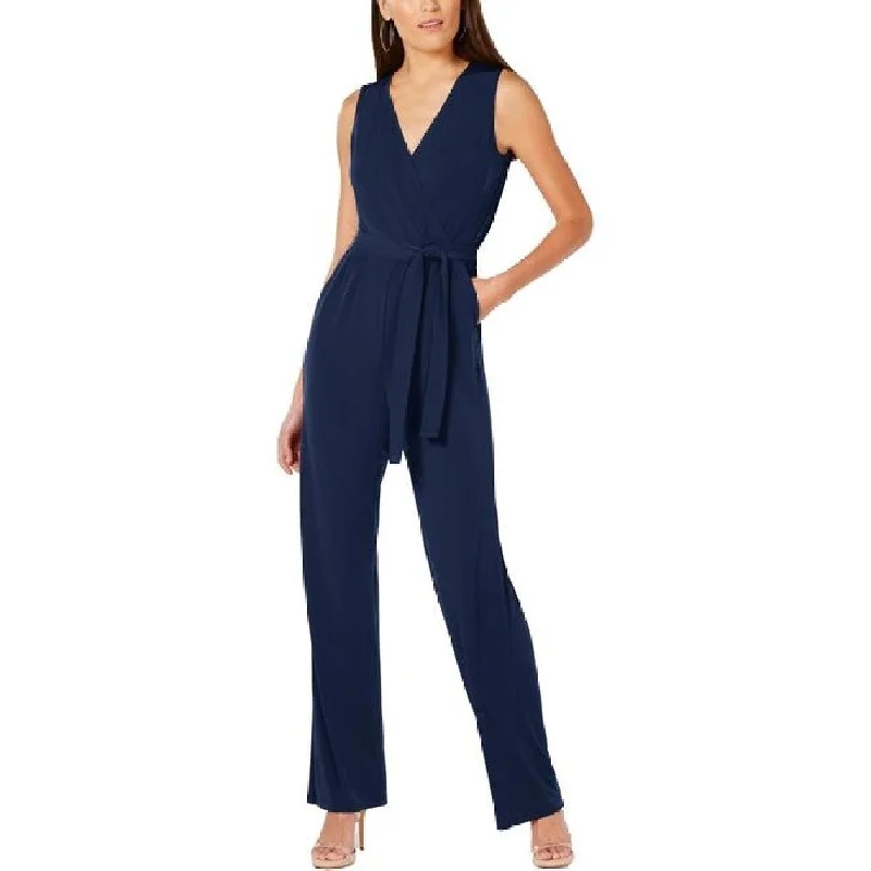 women's jumpsuits with off-the-shoulder necksNY Collection Women's Petite Sleeveless Gathered Jumpsuit Navy Size Small