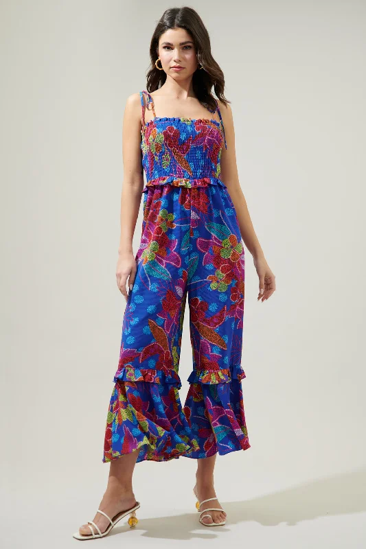 women's jumpsuits for everyday wearAmazonia Blue Jadora Smocked Tie Strap Cropped Jumpsuit