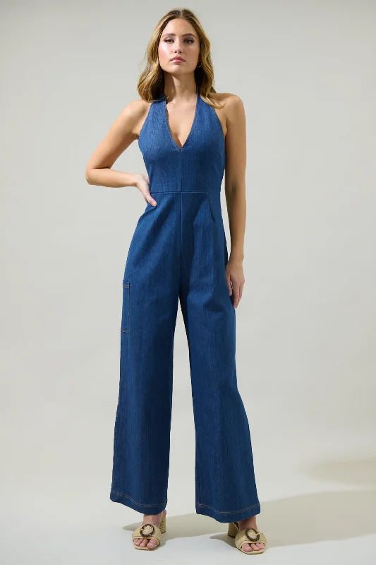 women's jumpsuits for lightweight designsDelia Denim Nixi Halter Neck Jumpsuit