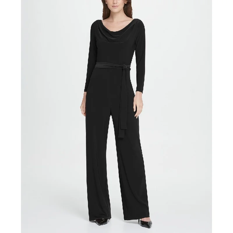 women's jumpsuits with metallic finishesDKNY Women's Jersey Cowl Neck Belted Jumpsuit Black Size 14