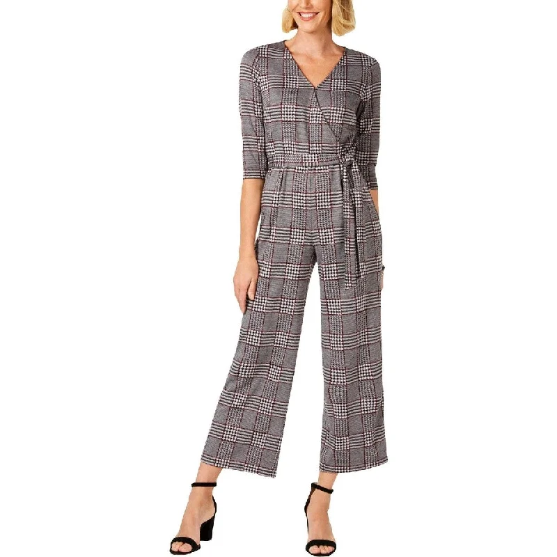 women's jumpsuits for business meetingsNY Collection Women's Petites Plaid Belted Jumpsuit Gray Size Large - Grey