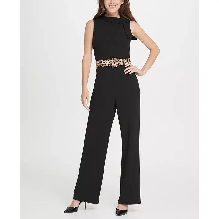 women's chic jumpsuitsDKNY Women's Tie Neck Leopard Belt Jumpsuit Black Size 6