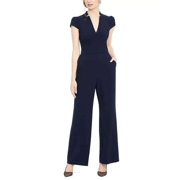 women's jumpsuits with cinched waistsVince Camuto Women's Notch Collar Cap Crepe Jumpsuit Blue Navy Size 14