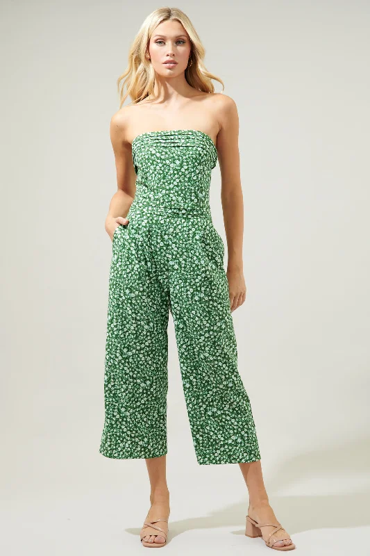 women's jumpsuits with bow tiesAdieu Floral Free Flow Strapless Pleated Cropped Jumpsuit