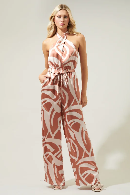 women's jumpsuits with long sleevesPeachy Keen Abstract Villanueva Satin Halter Jumpsuit