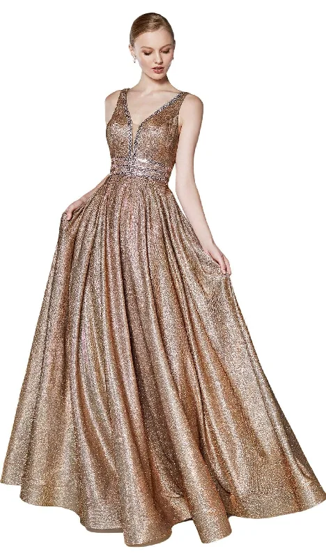 women's bow dressesCinderella Divine - CJ505 V-Neck Metallic Glitter Evening Gown