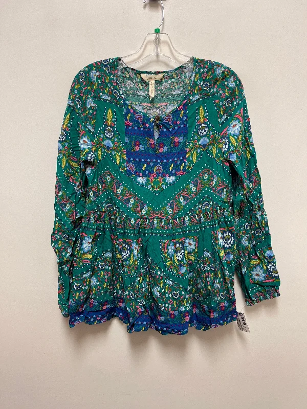 women's long sleeve tops with bohemian vibesTunic Long Sleeve By Matilda Jane In Blue & Green, Size: M