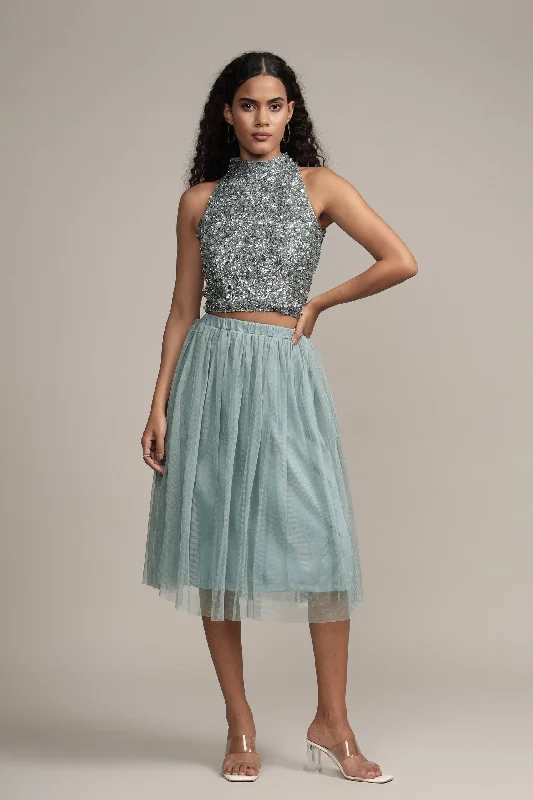 women's elegant skater skirtsMerlin Teal Tulle Midi Skirt