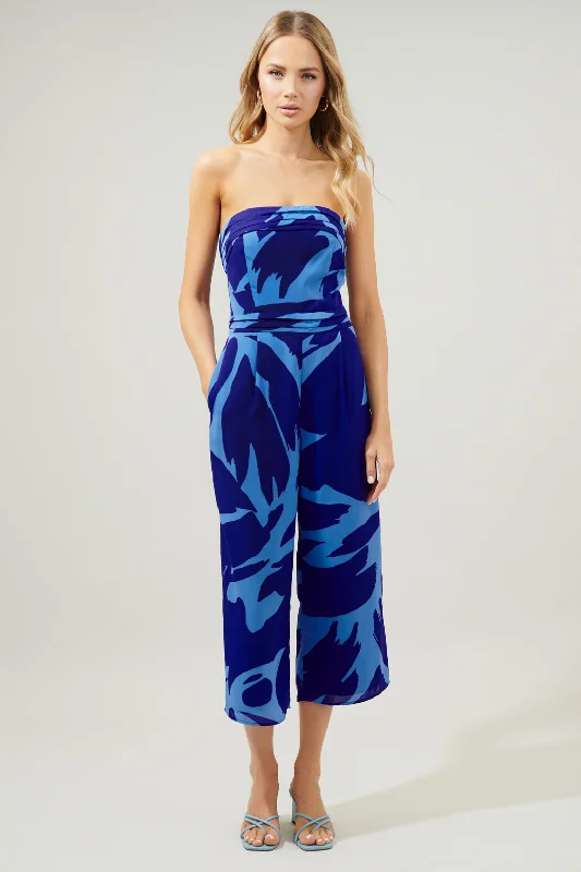 women's jumpsuits with high necksBig Wave Free Flow Strapless Pleated Cropped Jumpsuit