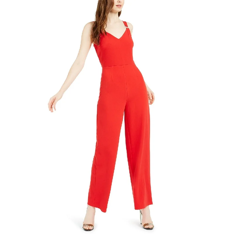 women's jumpsuits with rufflesBar III Women's O-Ring Jumpsuit Dark Red Size 4