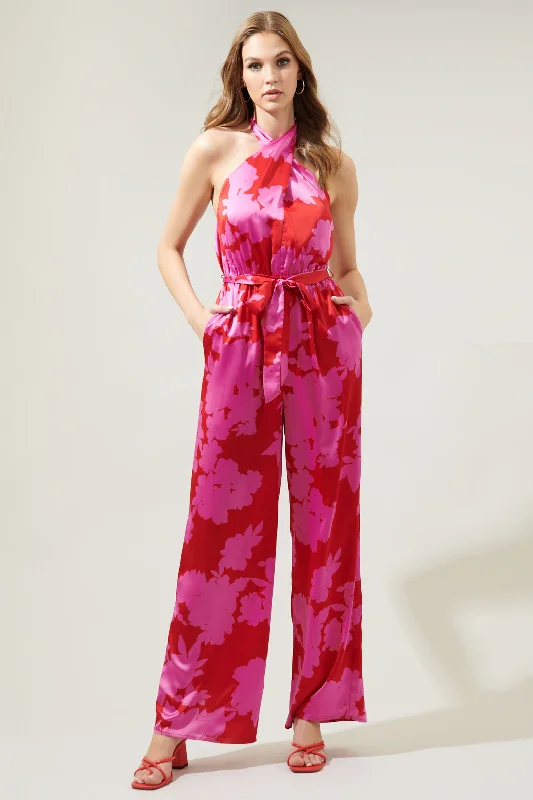 women's jumpsuits with checkered designsBurning Love Villanueva Satin Halter Jumpsuit