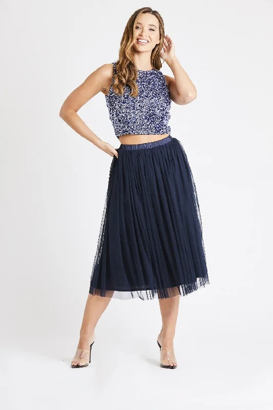 women's fall maxi skirtsVal Tulle Midi Skirt in Navy