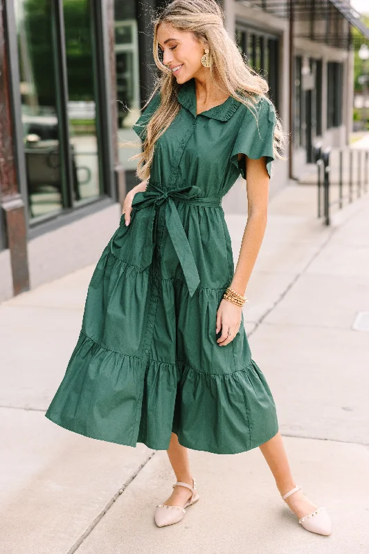 women's spaghetti strap dressesSugarlips: Get What You Need Emerald Green Tiered Midi Dress