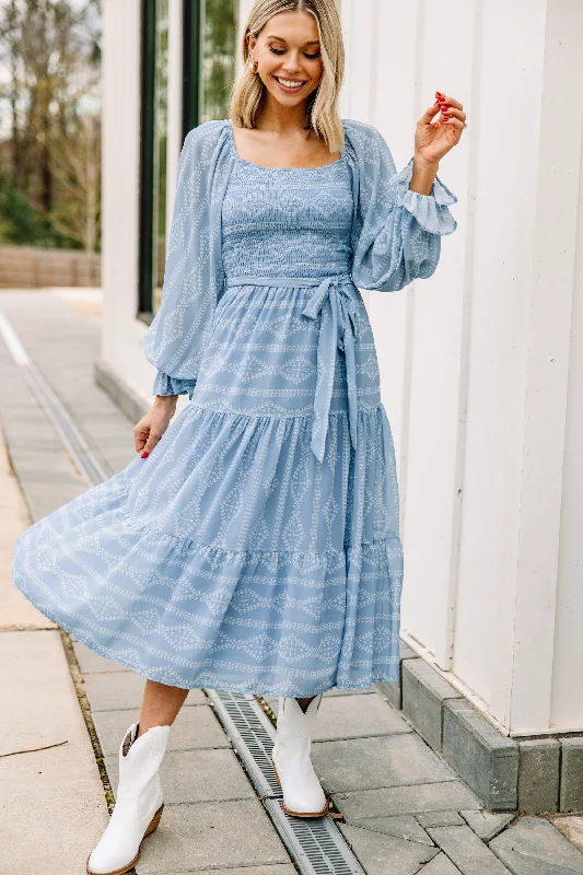 women's pear-shaped body dressesSeasons Change Blue Striped Midi Dress